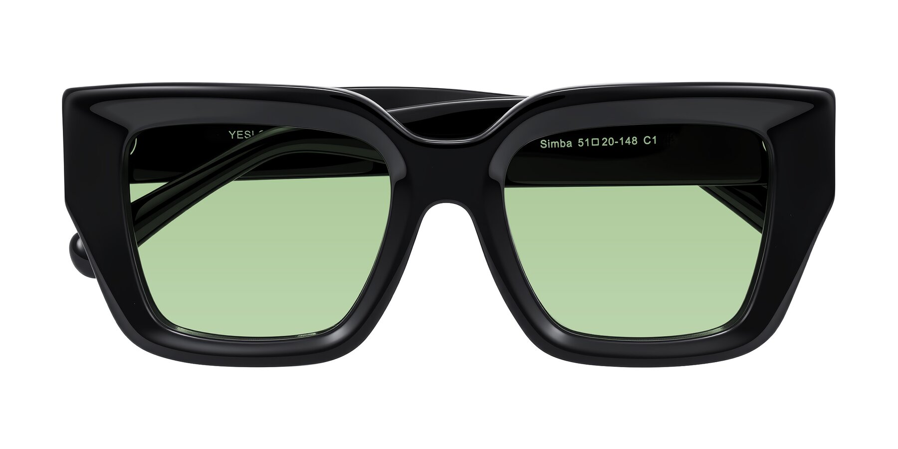 Folded Front of Simba in Black with Medium Green Tinted Lenses
