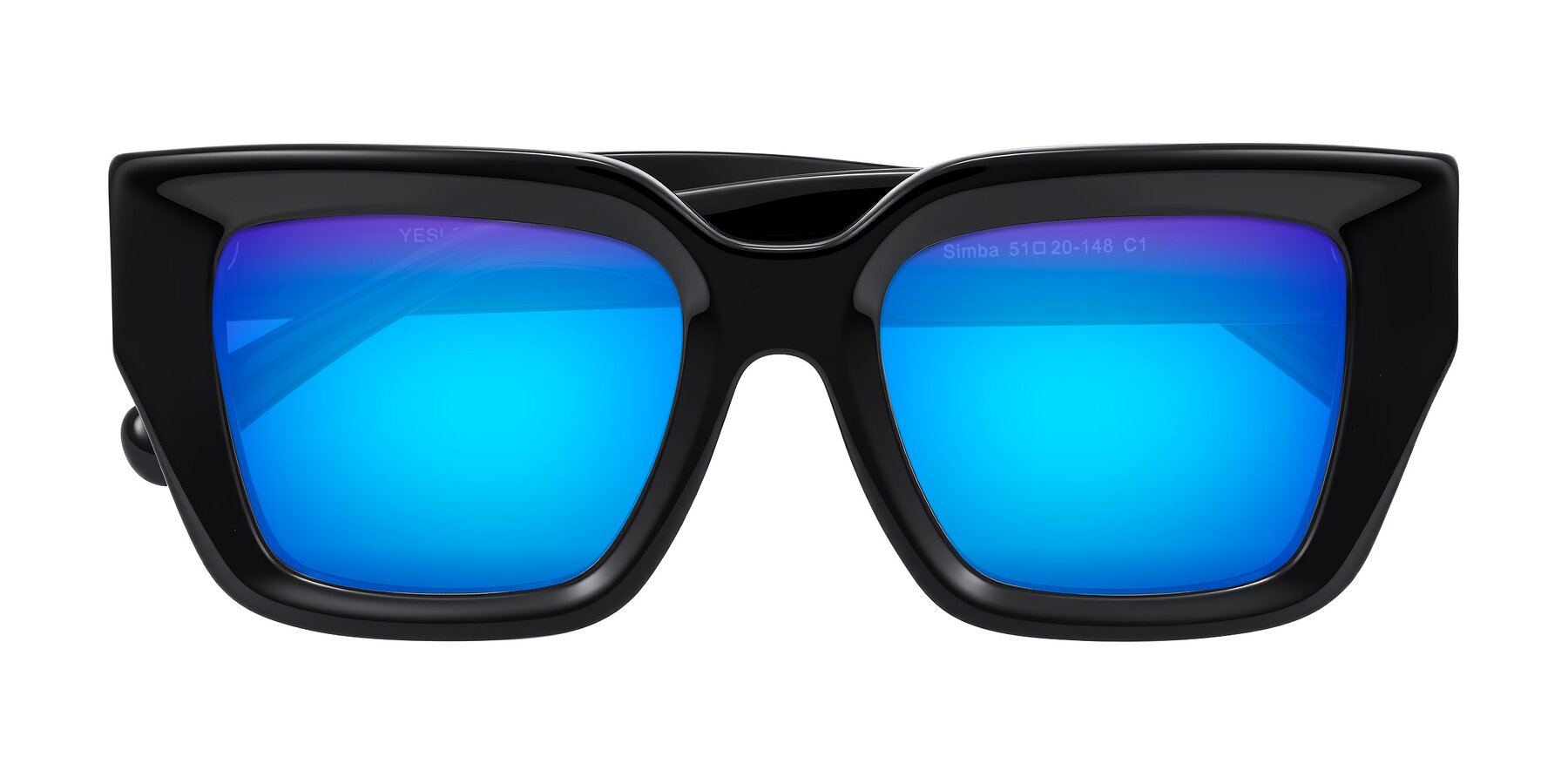 Folded Front of Simba in Black with Blue Mirrored Lenses