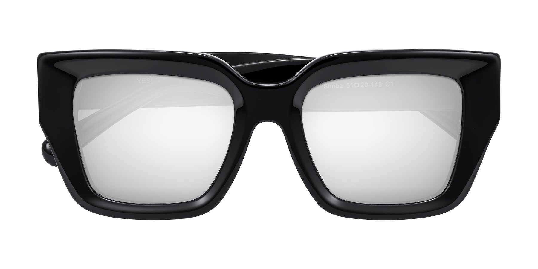 Folded Front of Simba in Black with Silver Mirrored Lenses