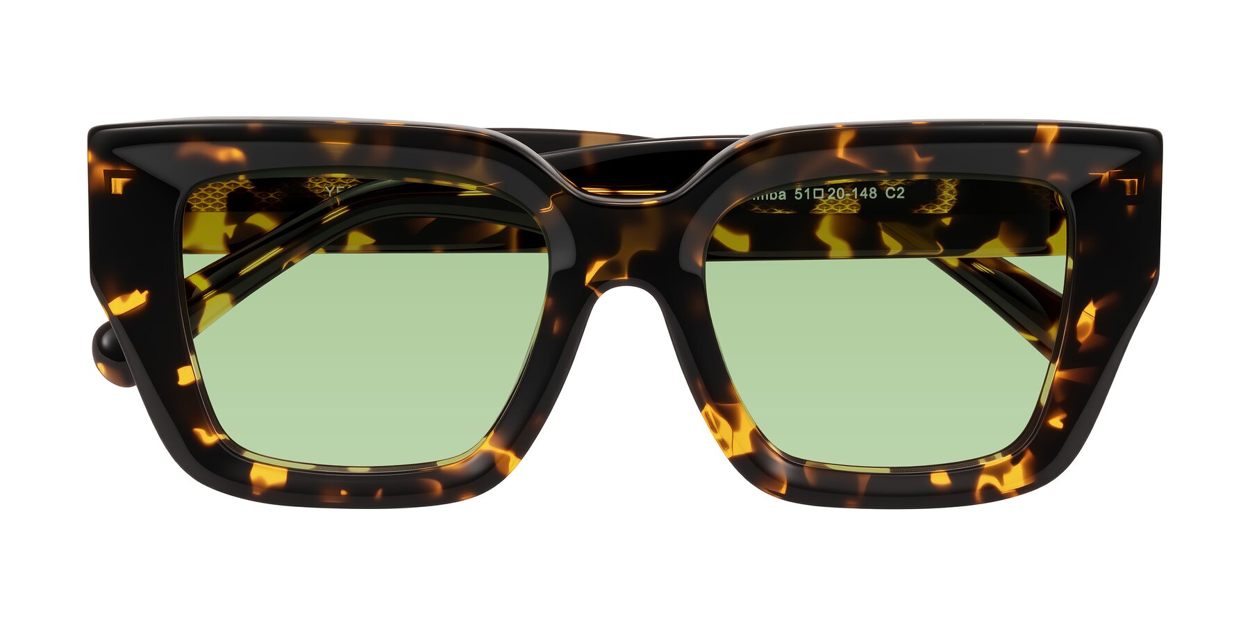 Folded Front of Simba in Tortoise with Medium Green Tinted Lenses