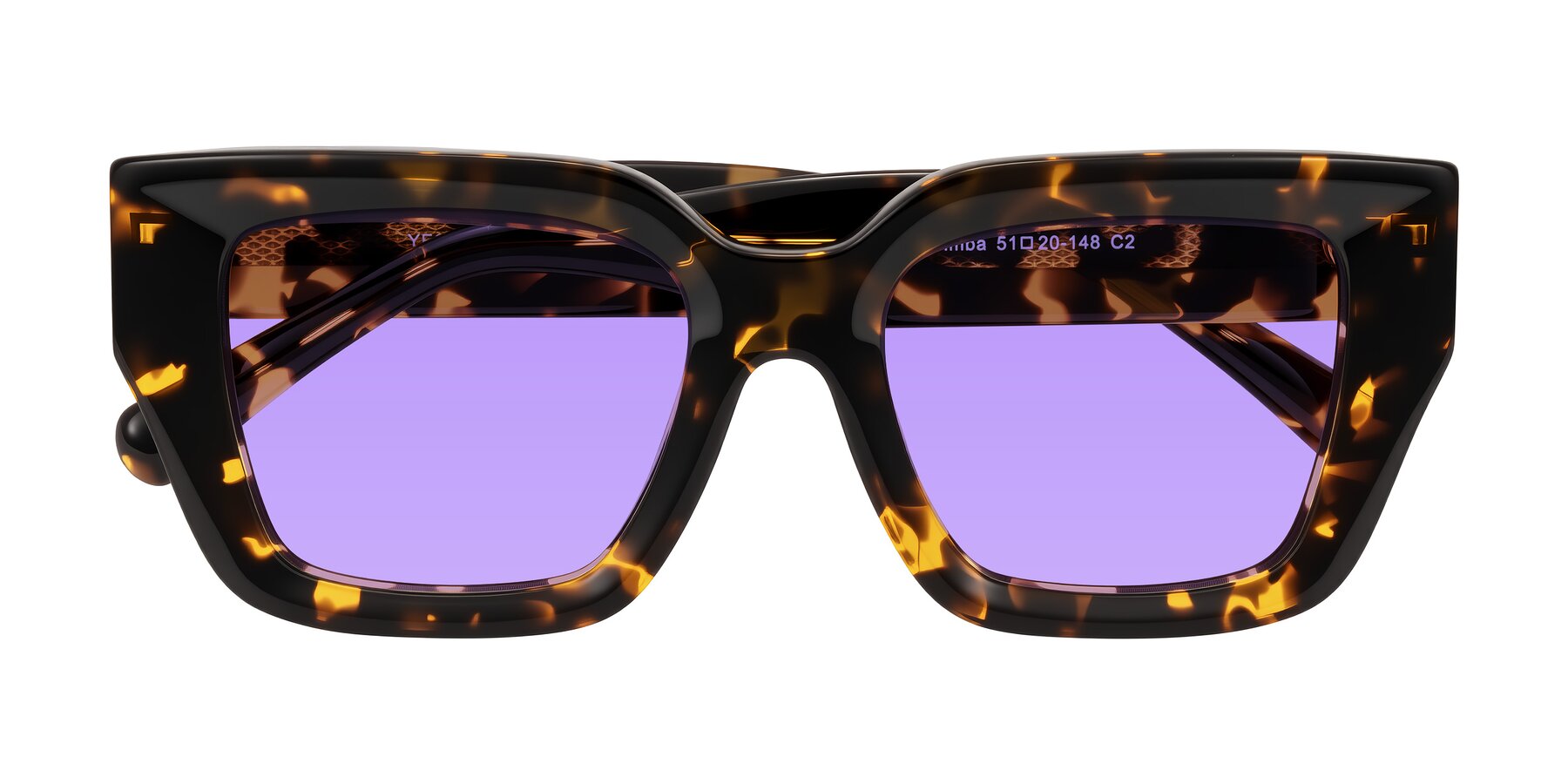 Folded Front of Simba in Tortoise with Medium Purple Tinted Lenses