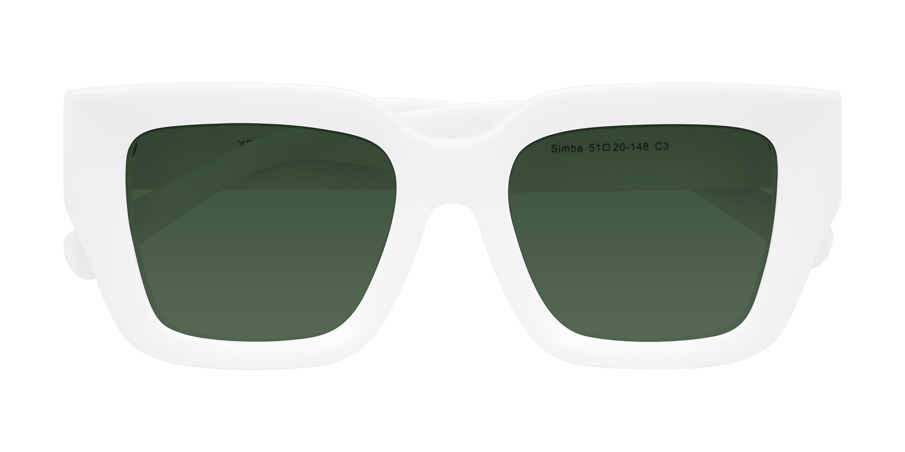Folded Front of Simba in White with Green Tinted Lenses
