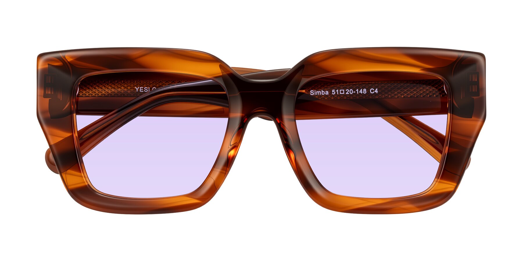 Folded Front of Simba in Amber Striped with Light Purple Tinted Lenses