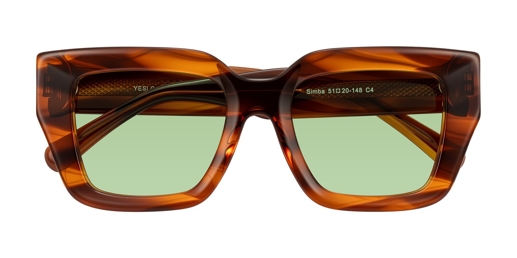 Folded Front of Simba in Amber Striped with Medium Green Tinted Lenses