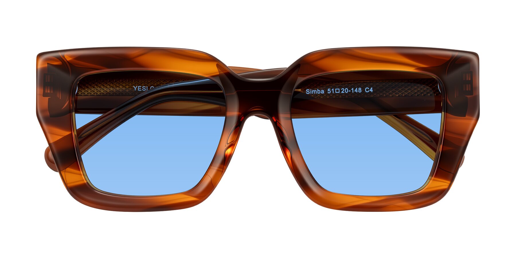 Folded Front of Simba in Amber Striped with Medium Blue Tinted Lenses