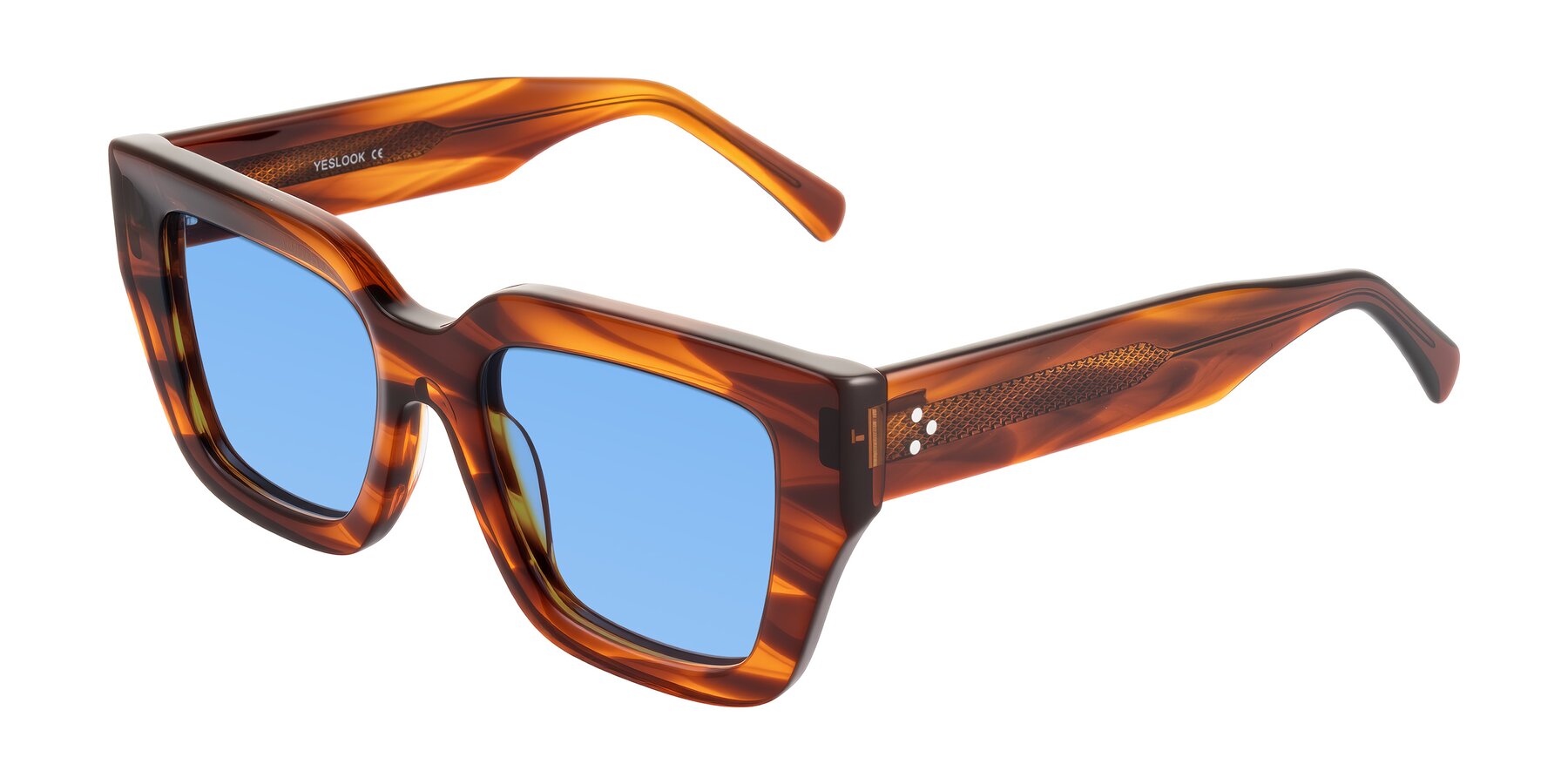 Angle of Simba in Amber Striped with Medium Blue Tinted Lenses