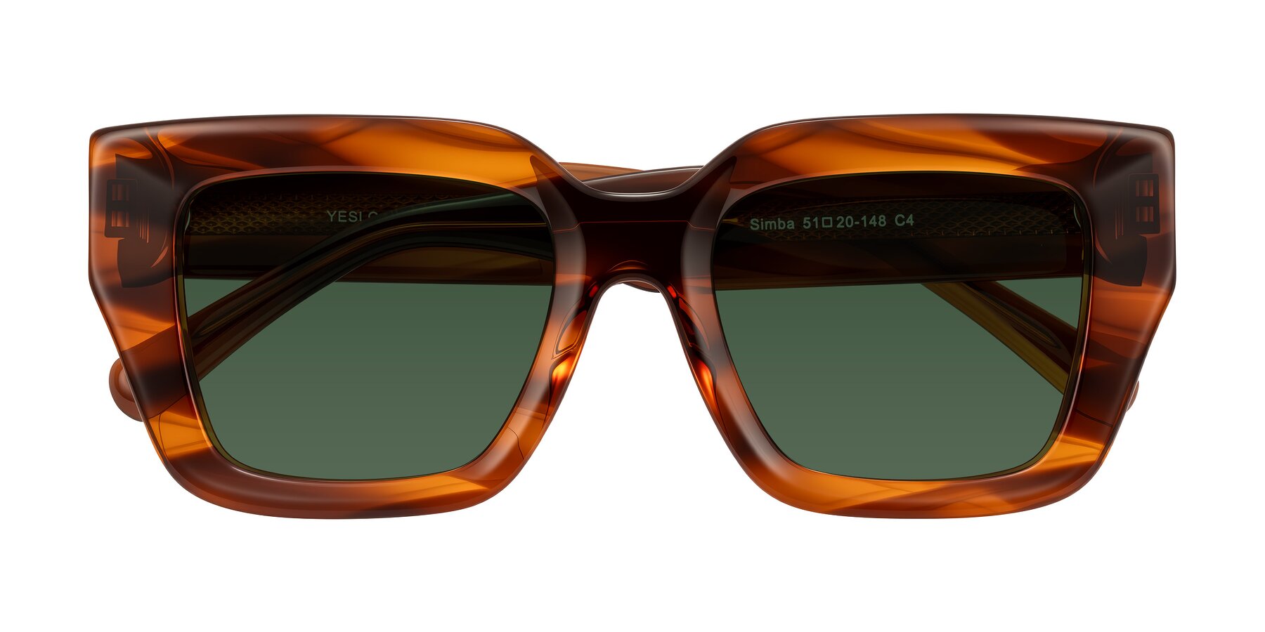 Folded Front of Simba in Amber Striped with Green Tinted Lenses