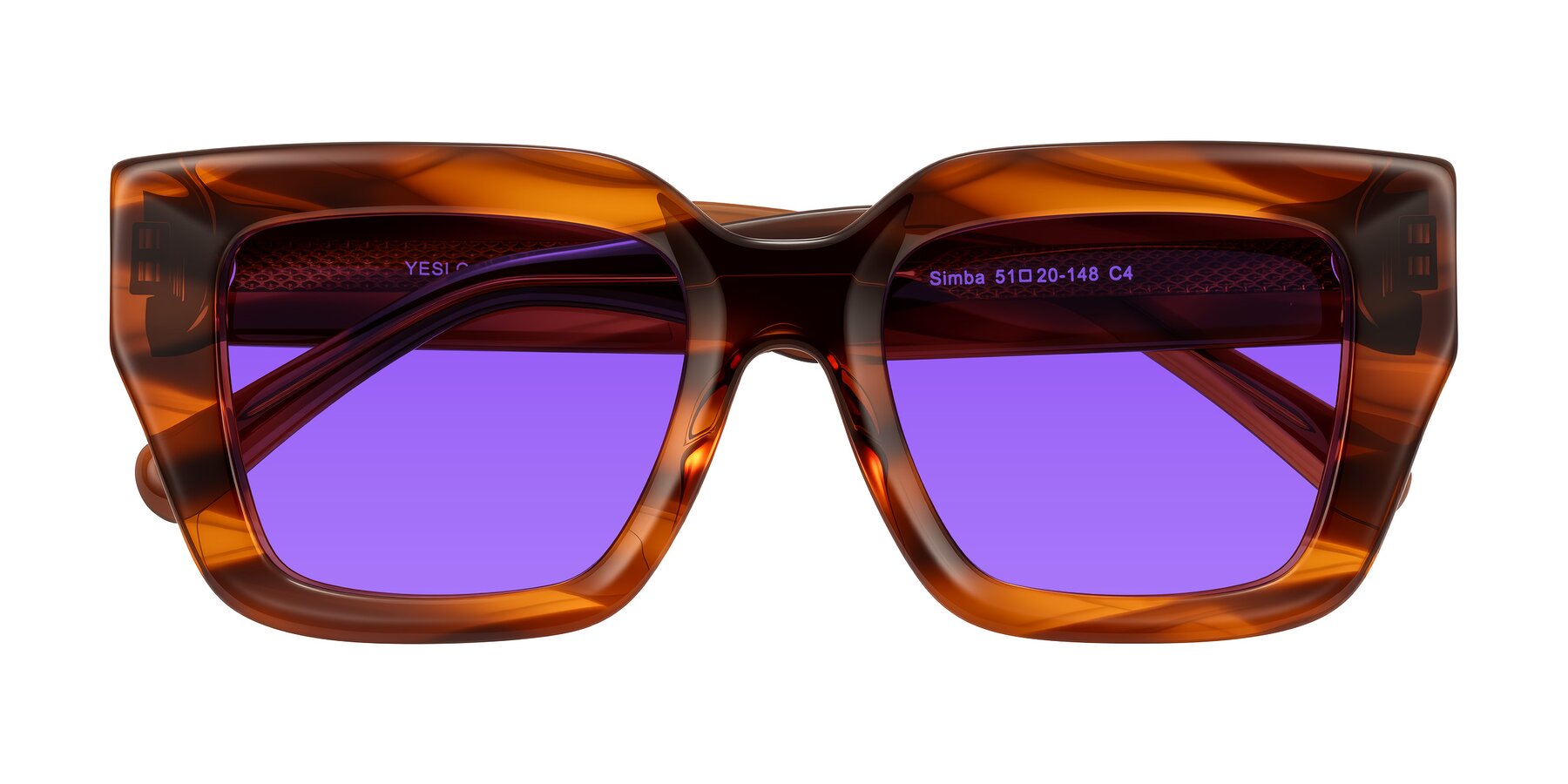 Folded Front of Simba in Amber Striped with Purple Tinted Lenses
