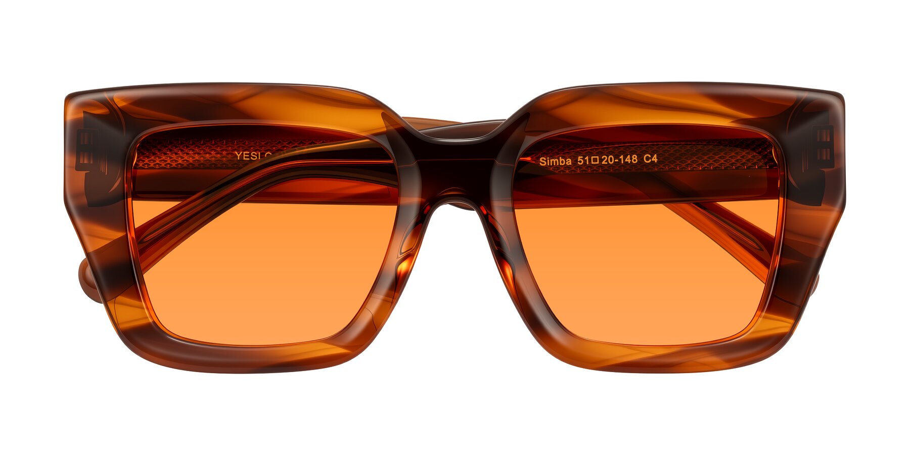 Folded Front of Simba in Amber Striped with Orange Tinted Lenses