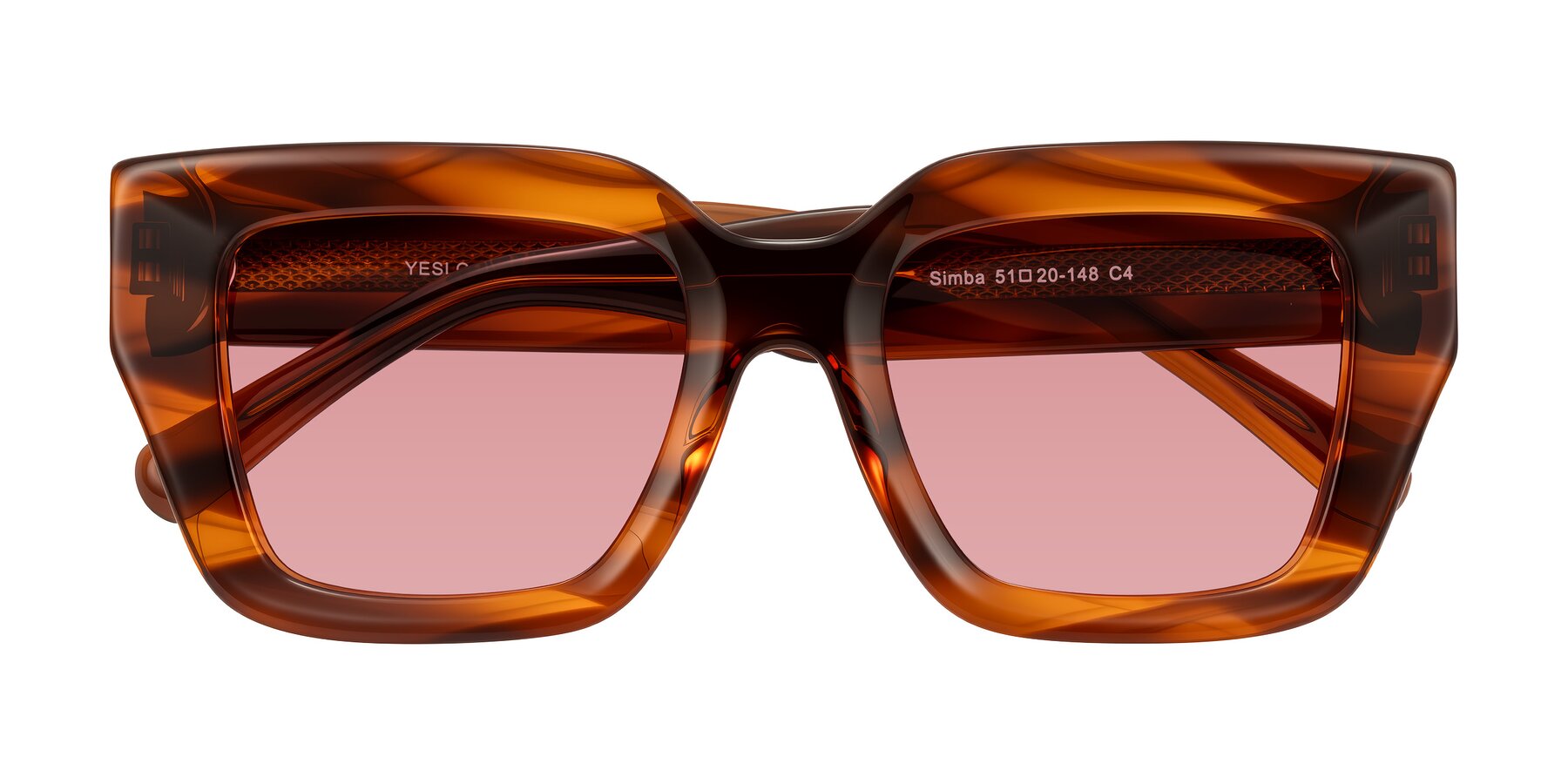 Folded Front of Simba in Amber Striped with Medium Garnet Tinted Lenses