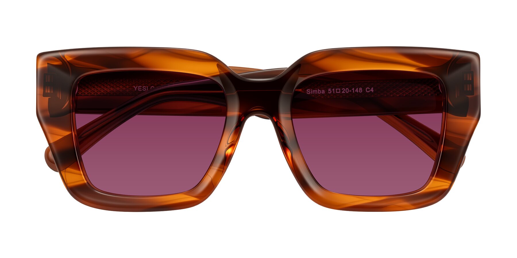 Folded Front of Simba in Amber Striped with Wine Tinted Lenses