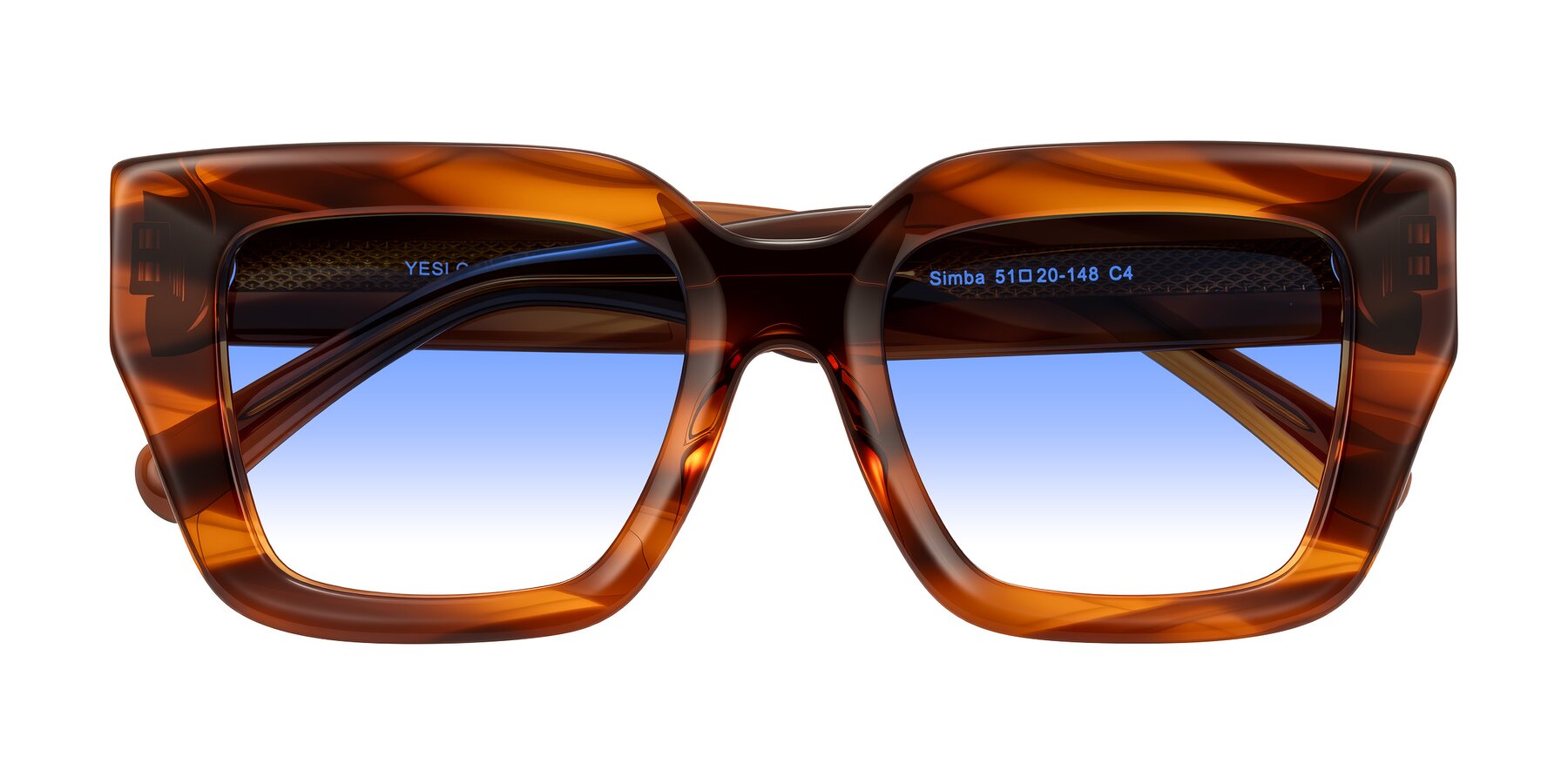 Folded Front of Simba in Amber Striped with Blue Gradient Lenses