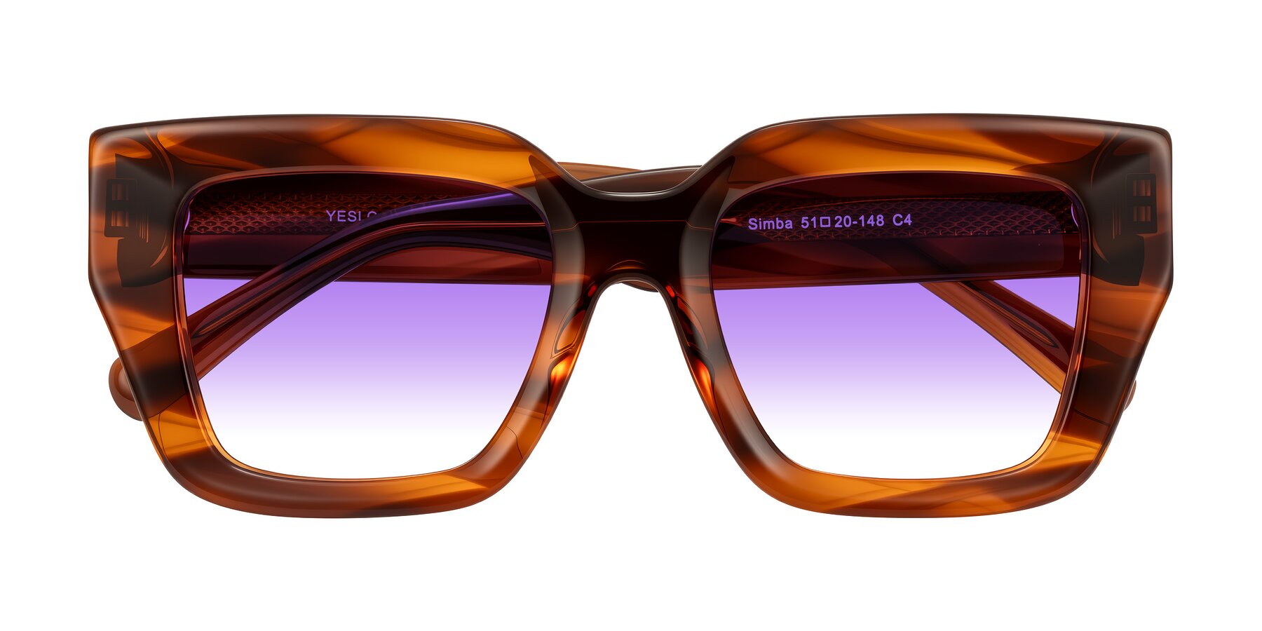 Folded Front of Simba in Amber Striped with Purple Gradient Lenses