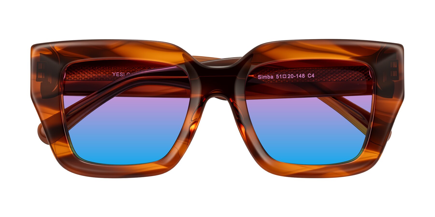 Folded Front of Simba in Amber Striped with Pink / Blue Gradient Lenses