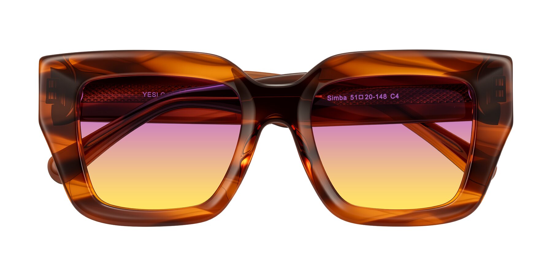 Folded Front of Simba in Amber Striped with Purple / Yellow Gradient Lenses