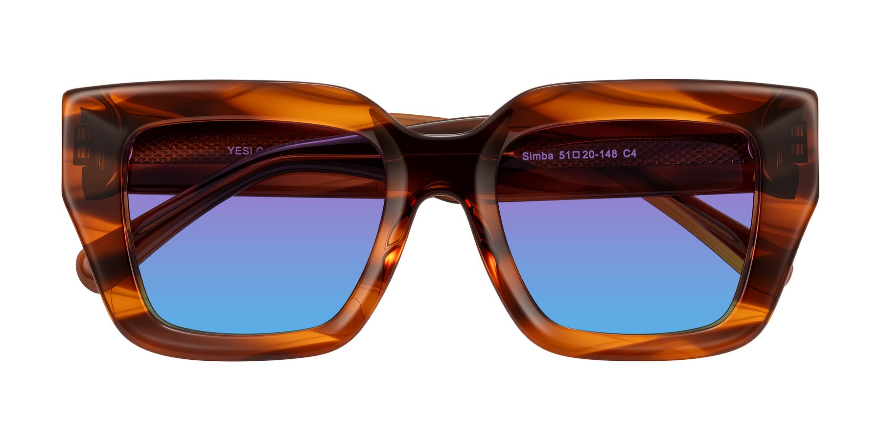 Folded Front of Simba in Amber Striped with Purple / Blue Gradient Lenses