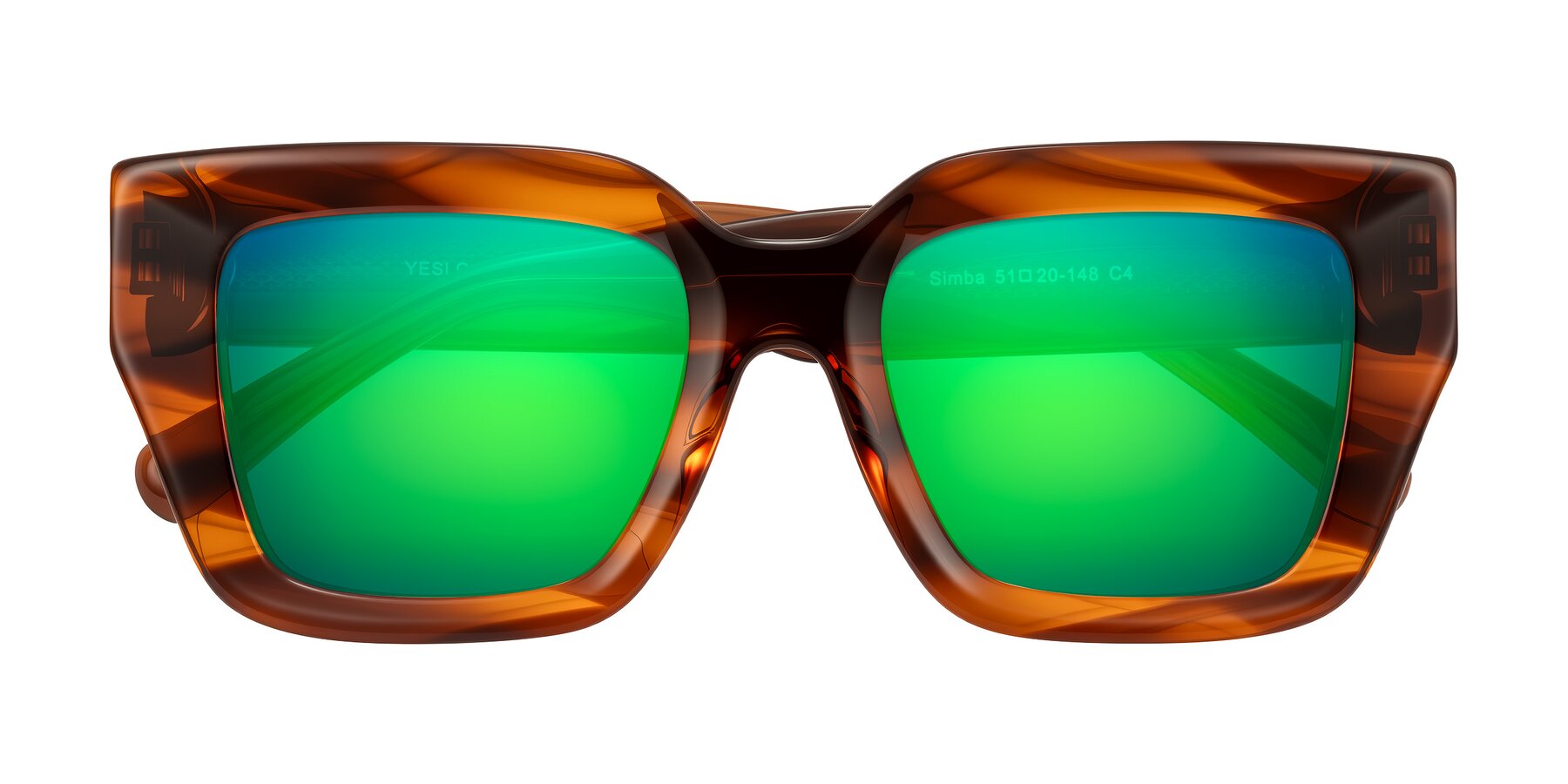Folded Front of Simba in Amber Striped with Green Mirrored Lenses