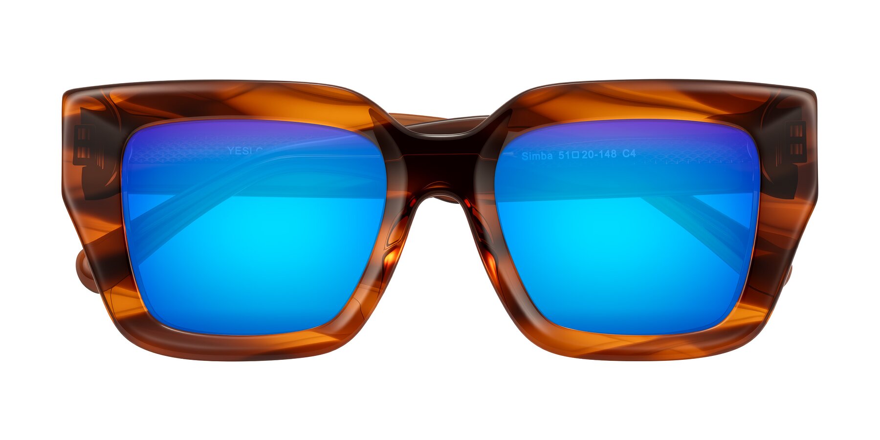 Folded Front of Simba in Amber Striped with Blue Mirrored Lenses