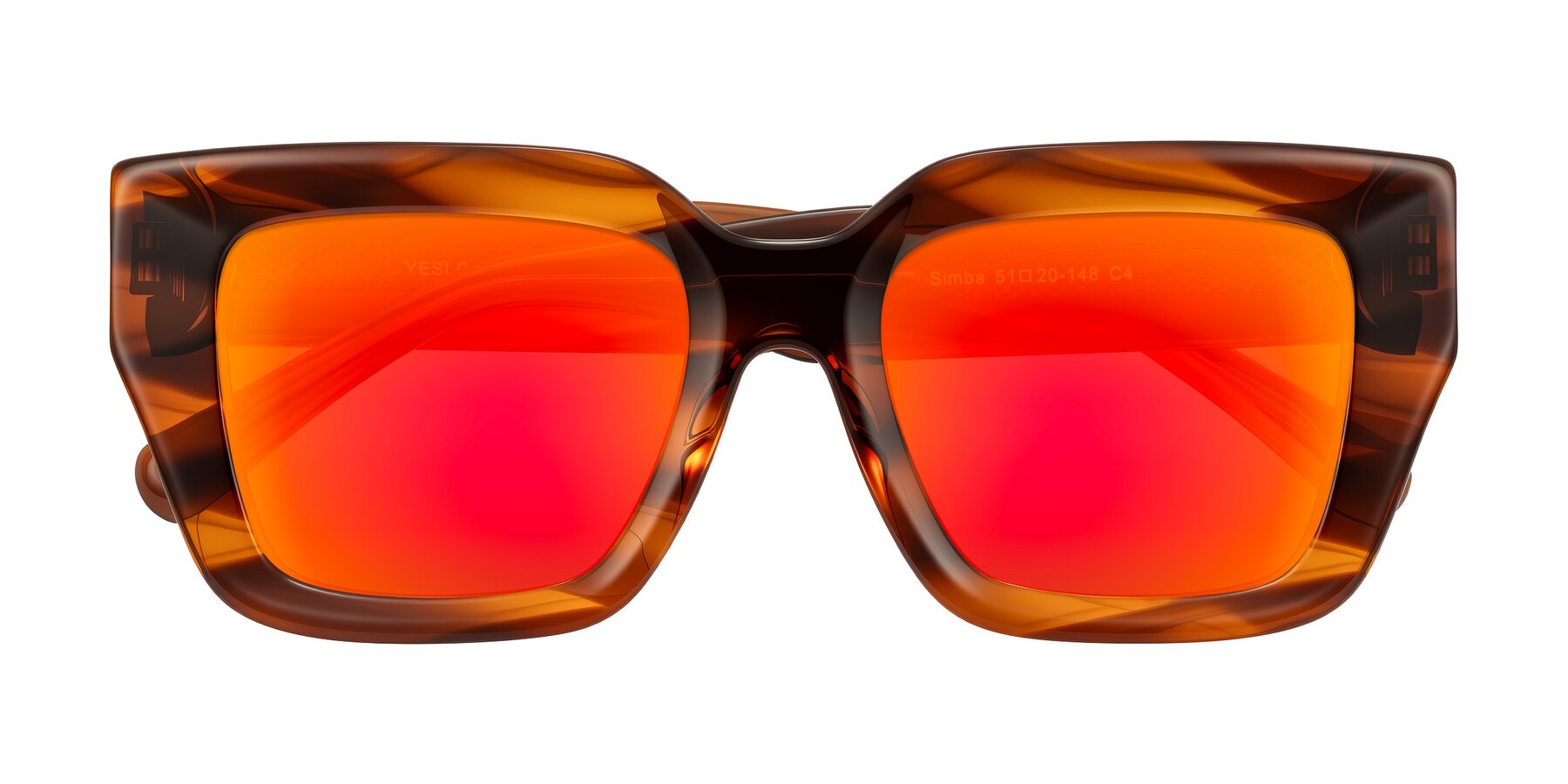 Folded Front of Simba in Amber Striped with Red Gold Mirrored Lenses