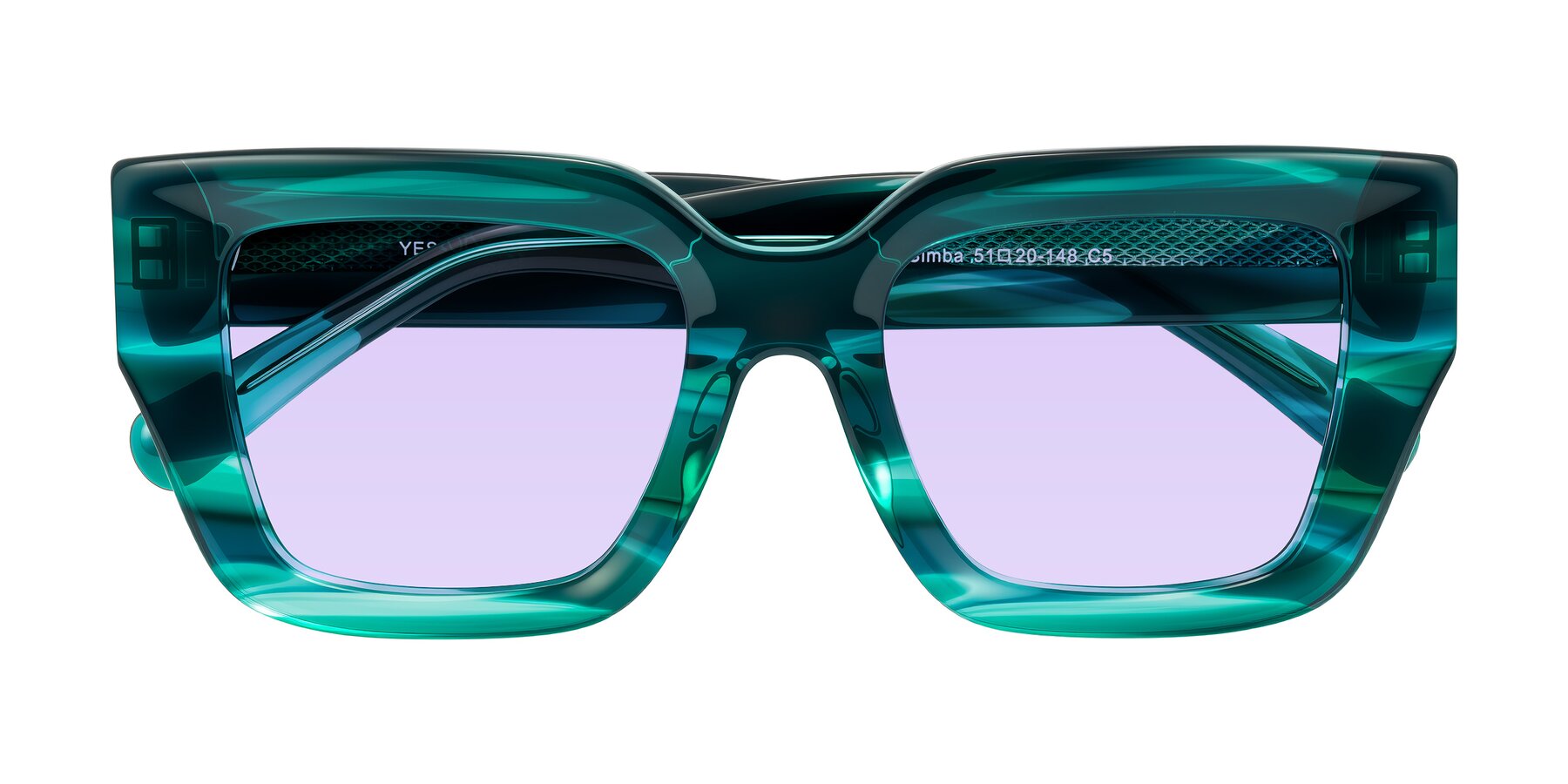 Folded Front of Simba in Teal Striped with Light Purple Tinted Lenses