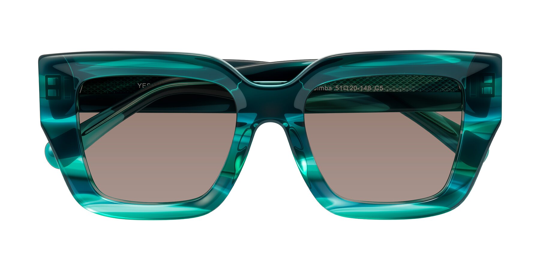 Folded Front of Simba in Teal Striped with Medium Brown Tinted Lenses