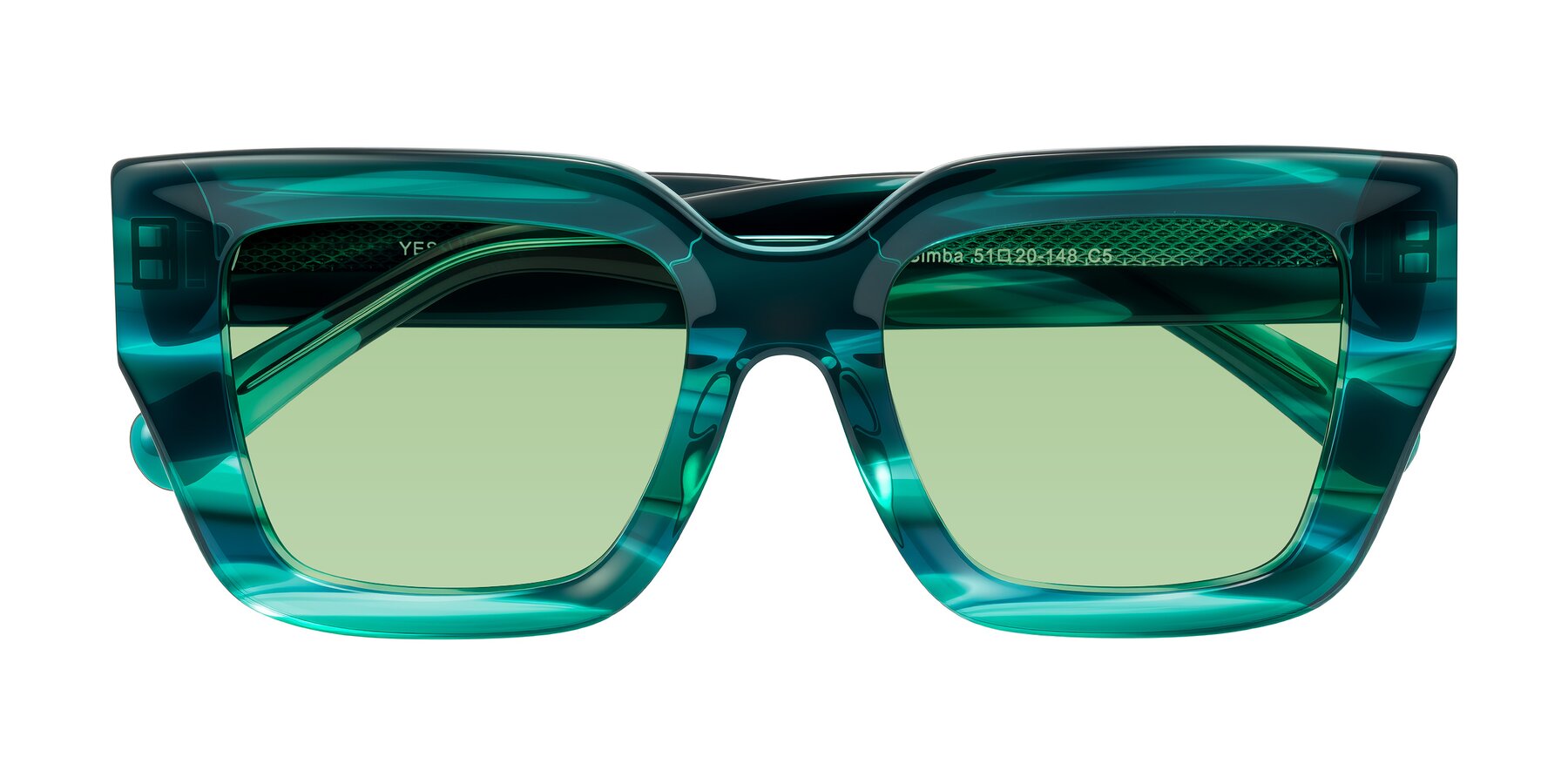 Folded Front of Simba in Teal Striped with Medium Green Tinted Lenses