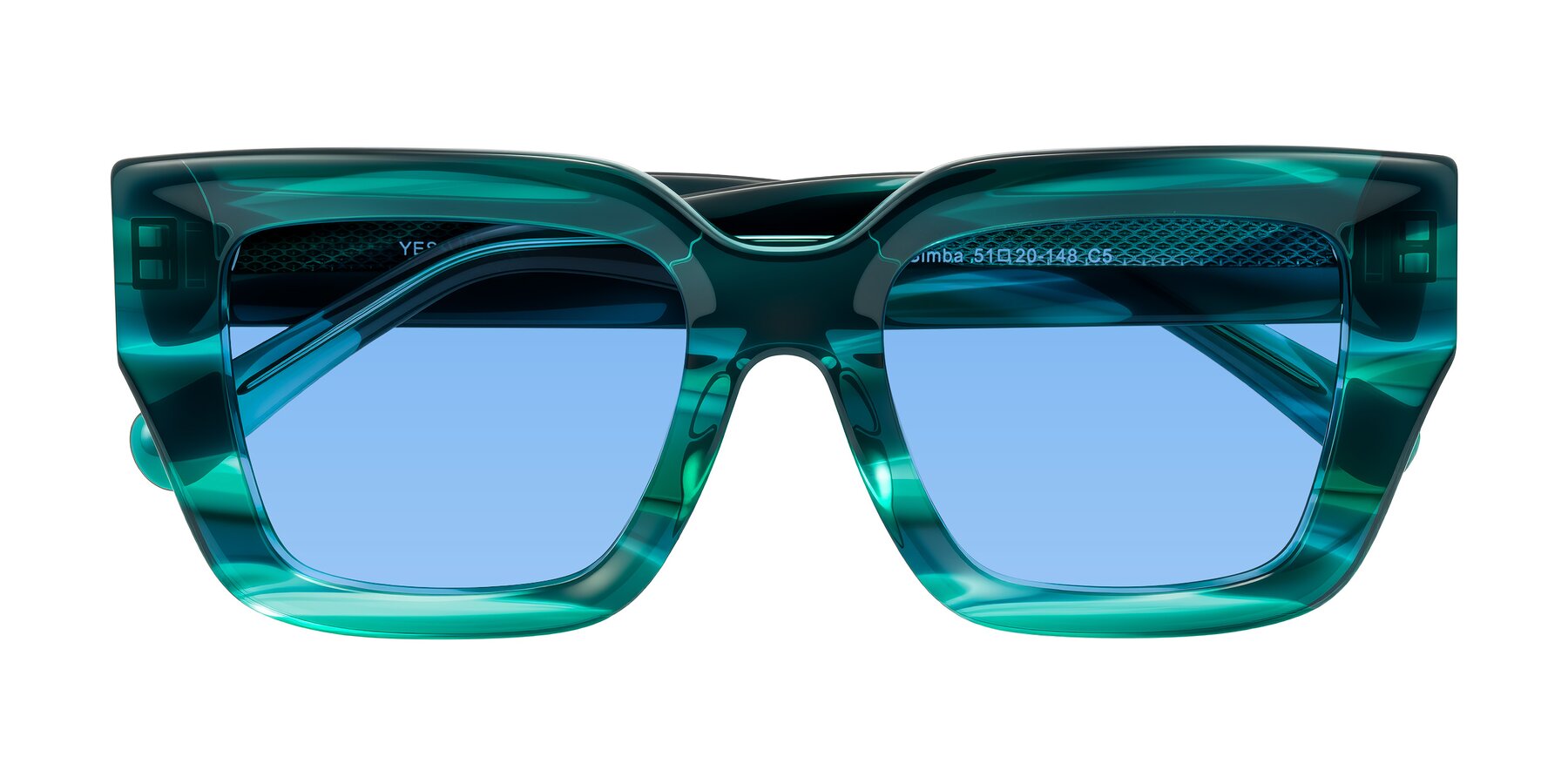 Folded Front of Simba in Teal Striped with Medium Blue Tinted Lenses