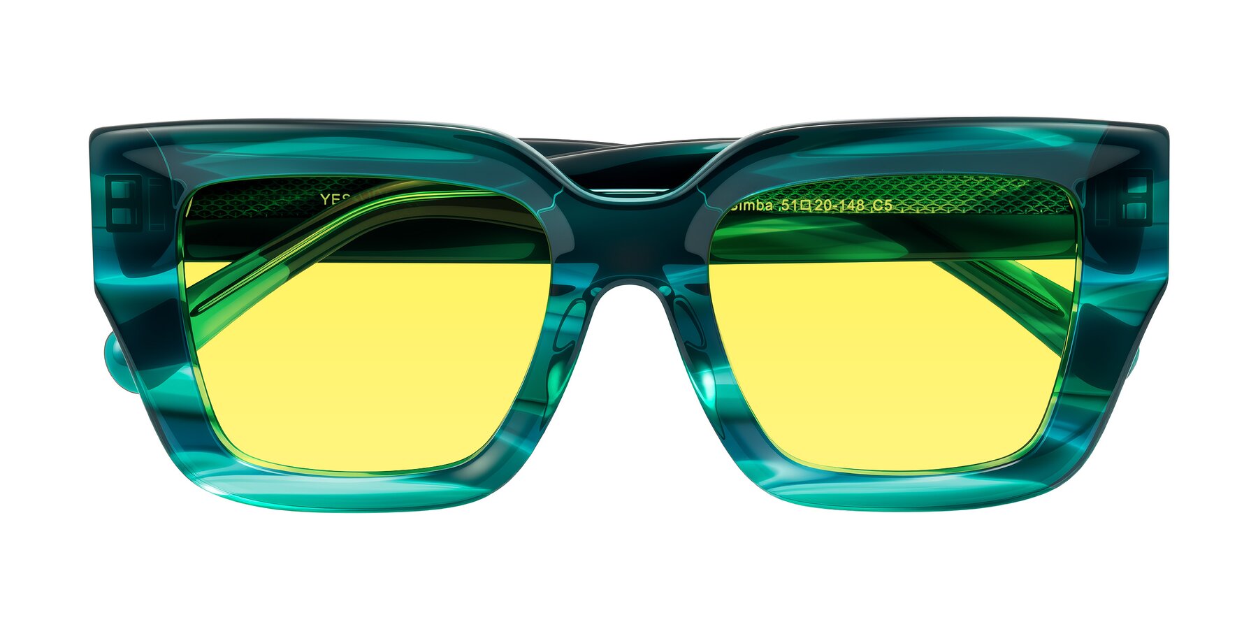 Folded Front of Simba in Teal Striped with Medium Yellow Tinted Lenses