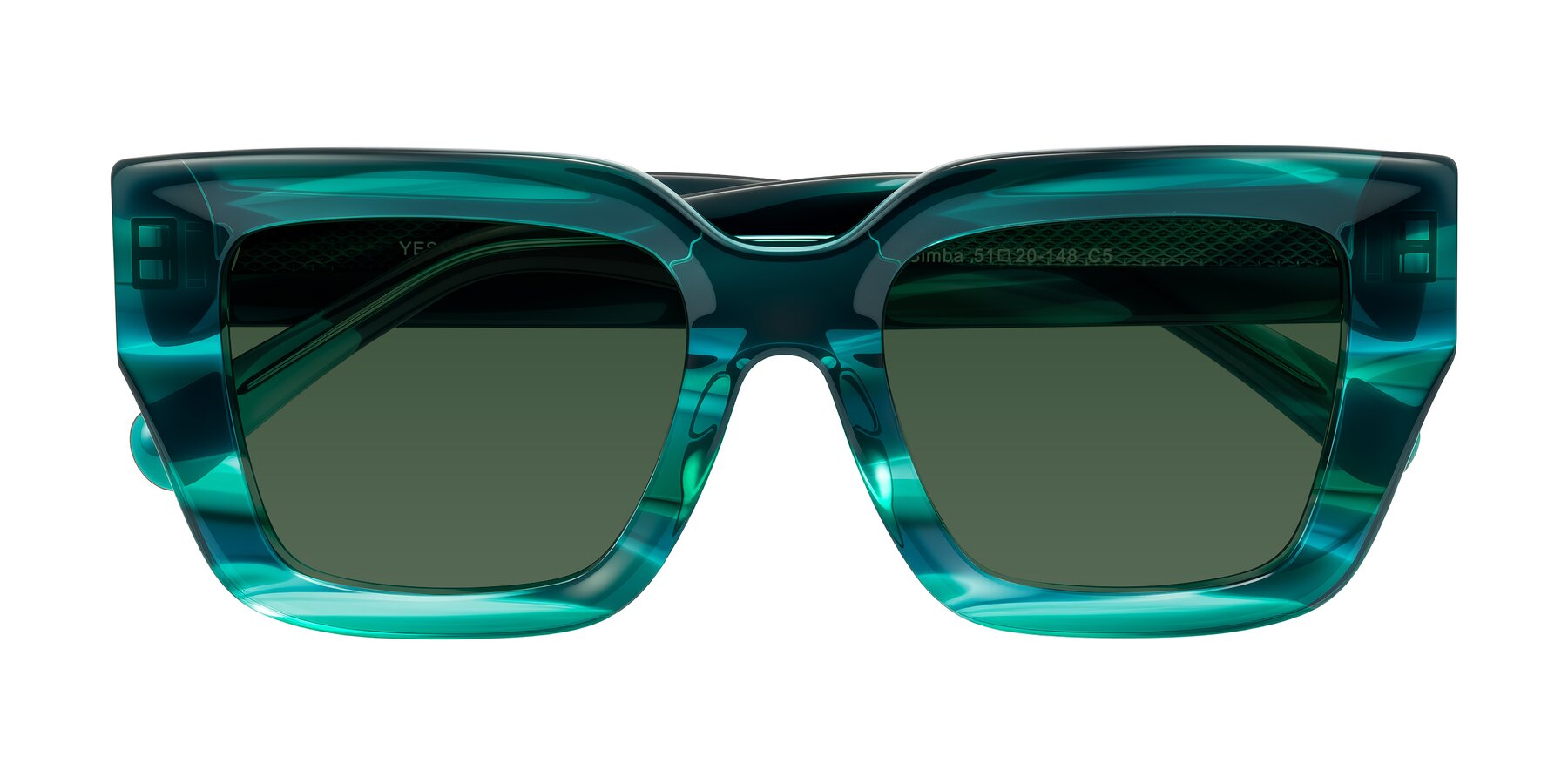 Folded Front of Simba in Teal Striped with Green Tinted Lenses