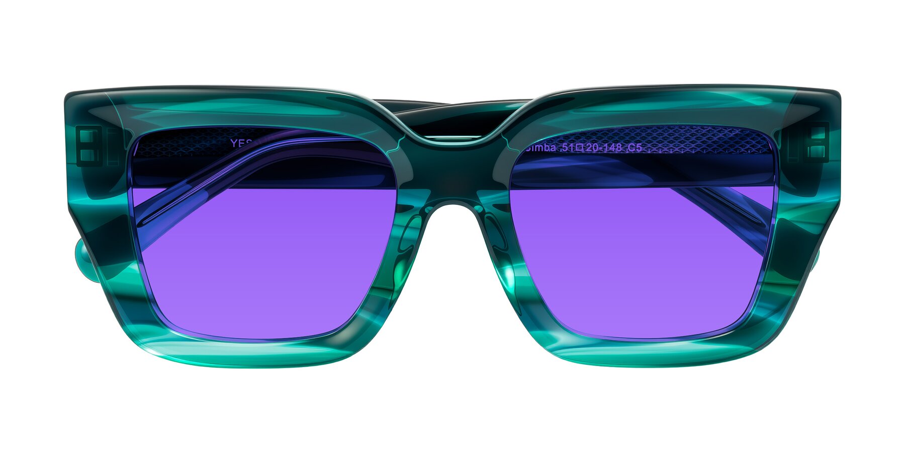 Folded Front of Simba in Teal Striped with Purple Tinted Lenses
