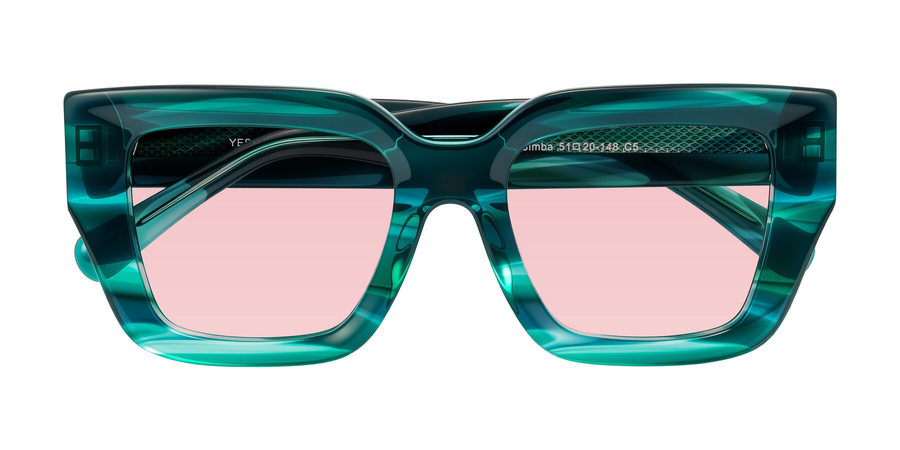 Folded Front of Simba in Teal Striped with Light Garnet Tinted Lenses