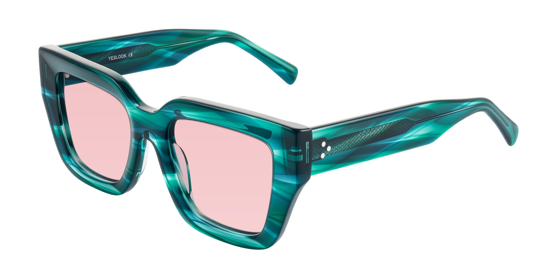 Angle of Simba in Teal Striped with Light Garnet Tinted Lenses