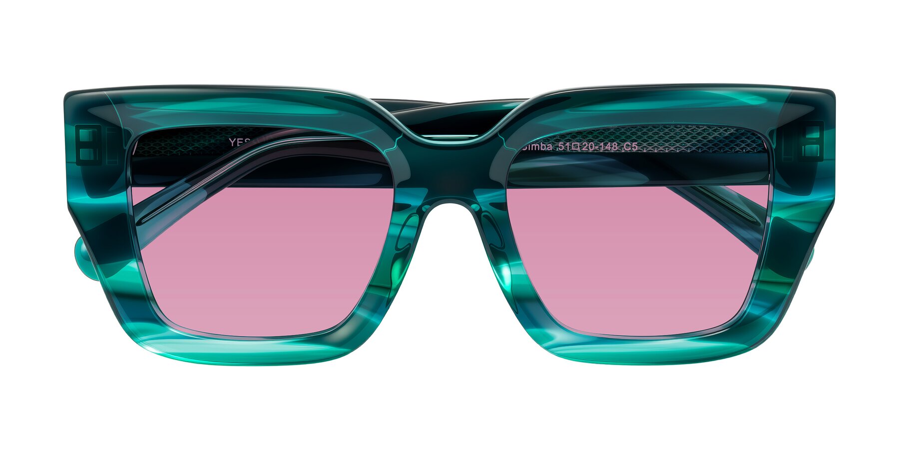 Folded Front of Simba in Teal Striped with Medium Wine Tinted Lenses