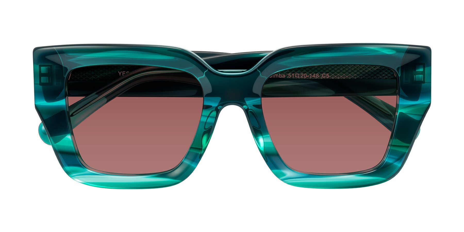 Folded Front of Simba in Teal Striped with Garnet Tinted Lenses