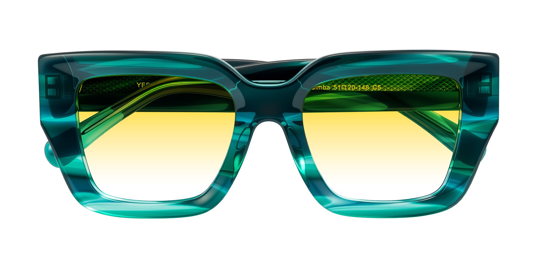 Folded Front of Simba in Teal Striped with Yellow Gradient Lenses