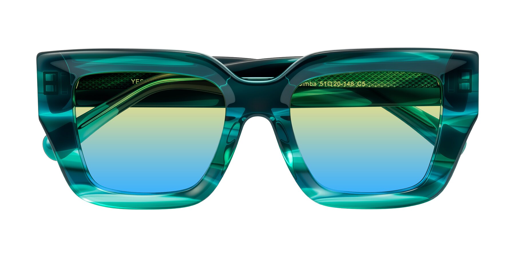 Folded Front of Simba in Teal Striped with Yellow / Blue Gradient Lenses