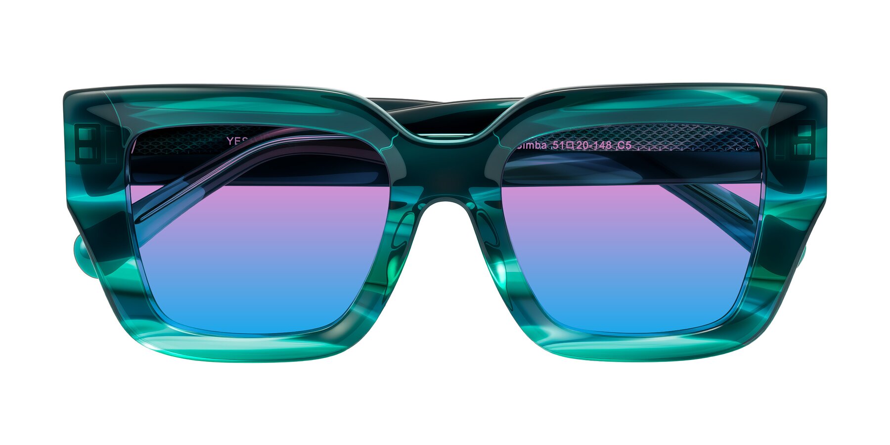Folded Front of Simba in Teal Striped with Pink / Blue Gradient Lenses