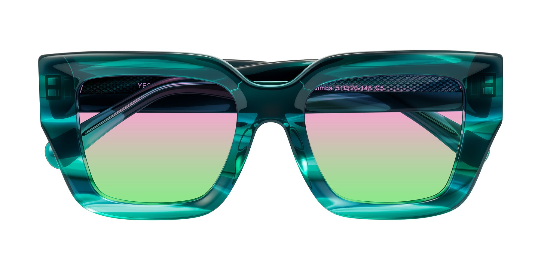 Folded Front of Simba in Teal Striped with Pink / Green Gradient Lenses