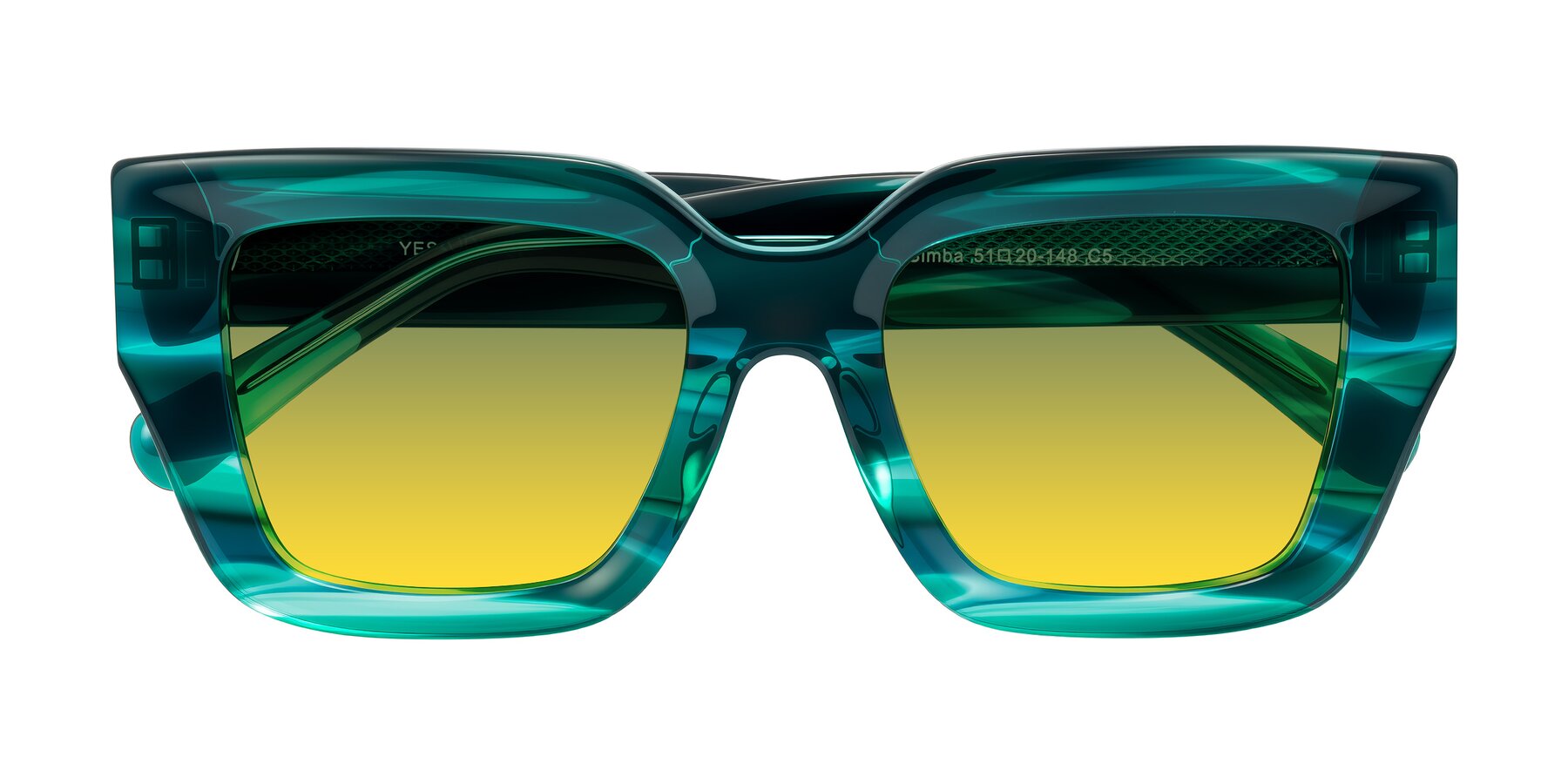 Folded Front of Simba in Teal Striped with Green / Yellow Gradient Lenses