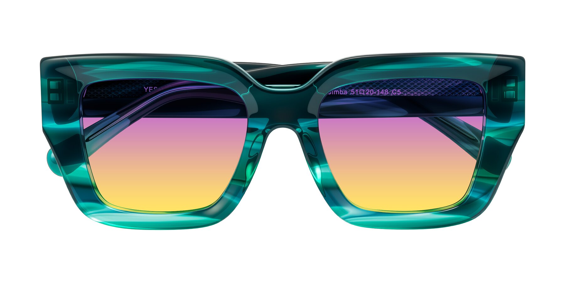 Folded Front of Simba in Teal Striped with Purple / Yellow Gradient Lenses