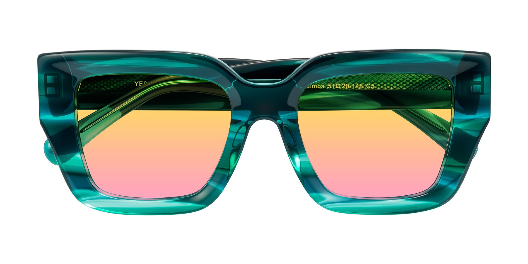 Folded Front of Simba in Teal Striped with Yellow / Pink Gradient Lenses