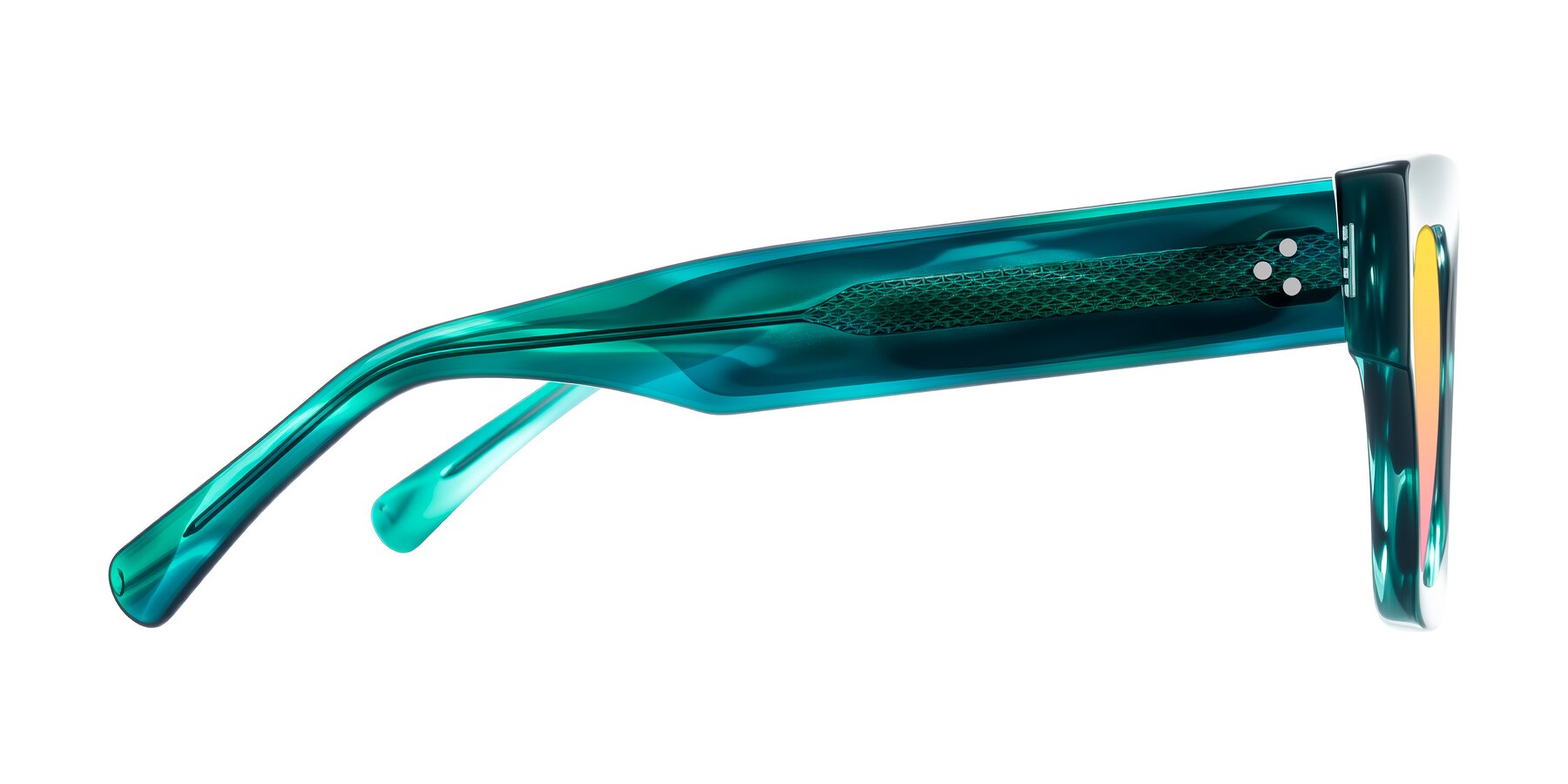 Side of Simba in Teal Striped with Yellow / Pink Gradient Lenses