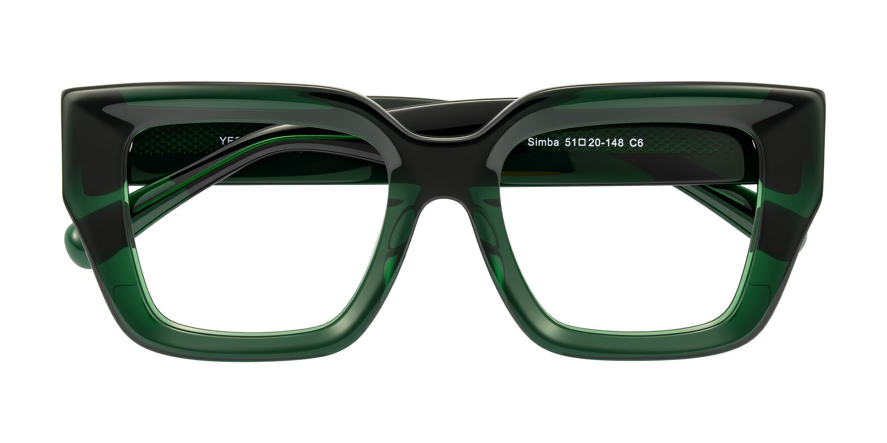 Folded Front of Simba in Dark Green with Clear Eyeglass Lenses