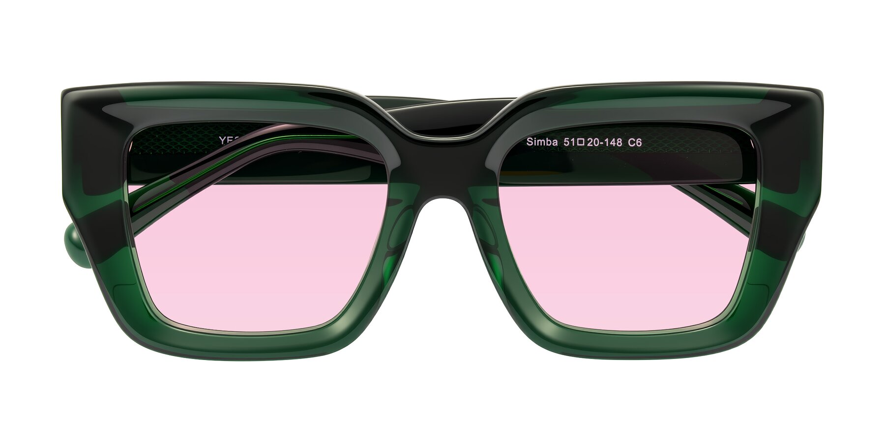 Folded Front of Simba in Dark Green with Light Pink Tinted Lenses