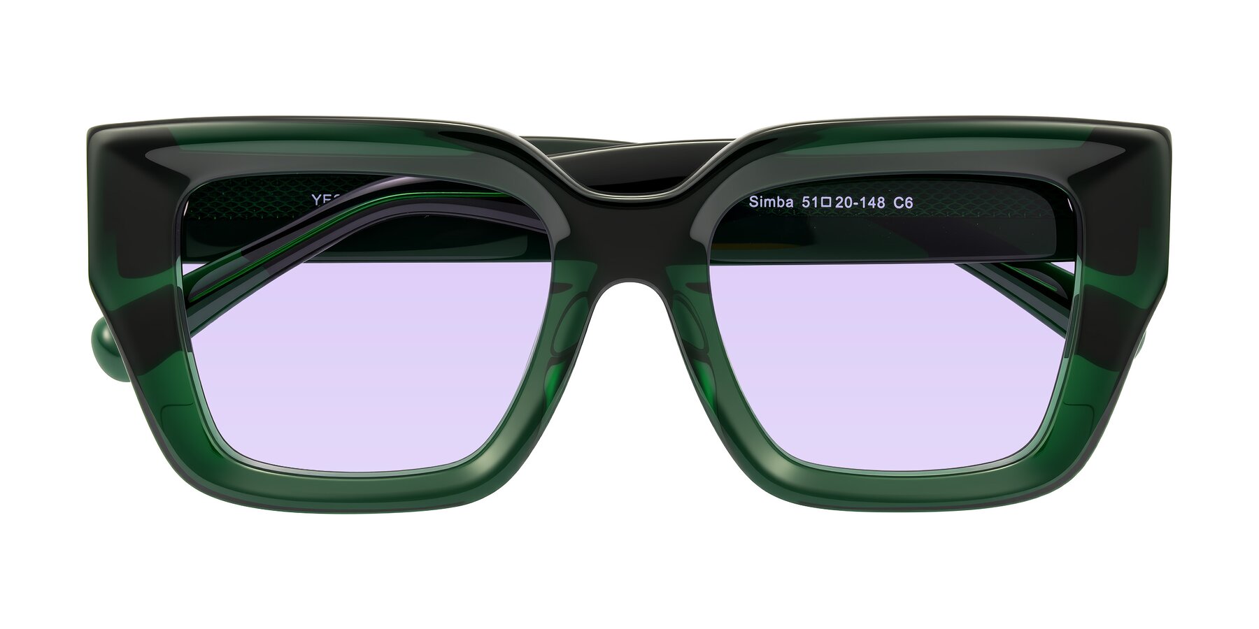 Folded Front of Simba in Dark Green with Light Purple Tinted Lenses