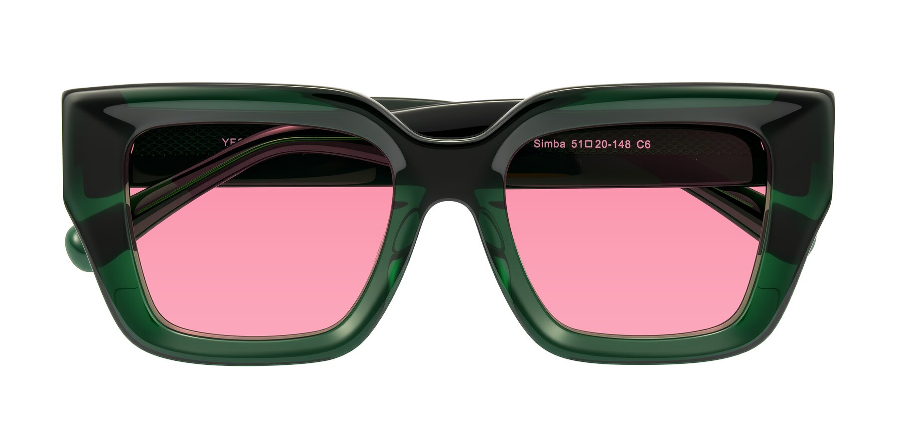 Folded Front of Simba in Dark Green with Pink Tinted Lenses