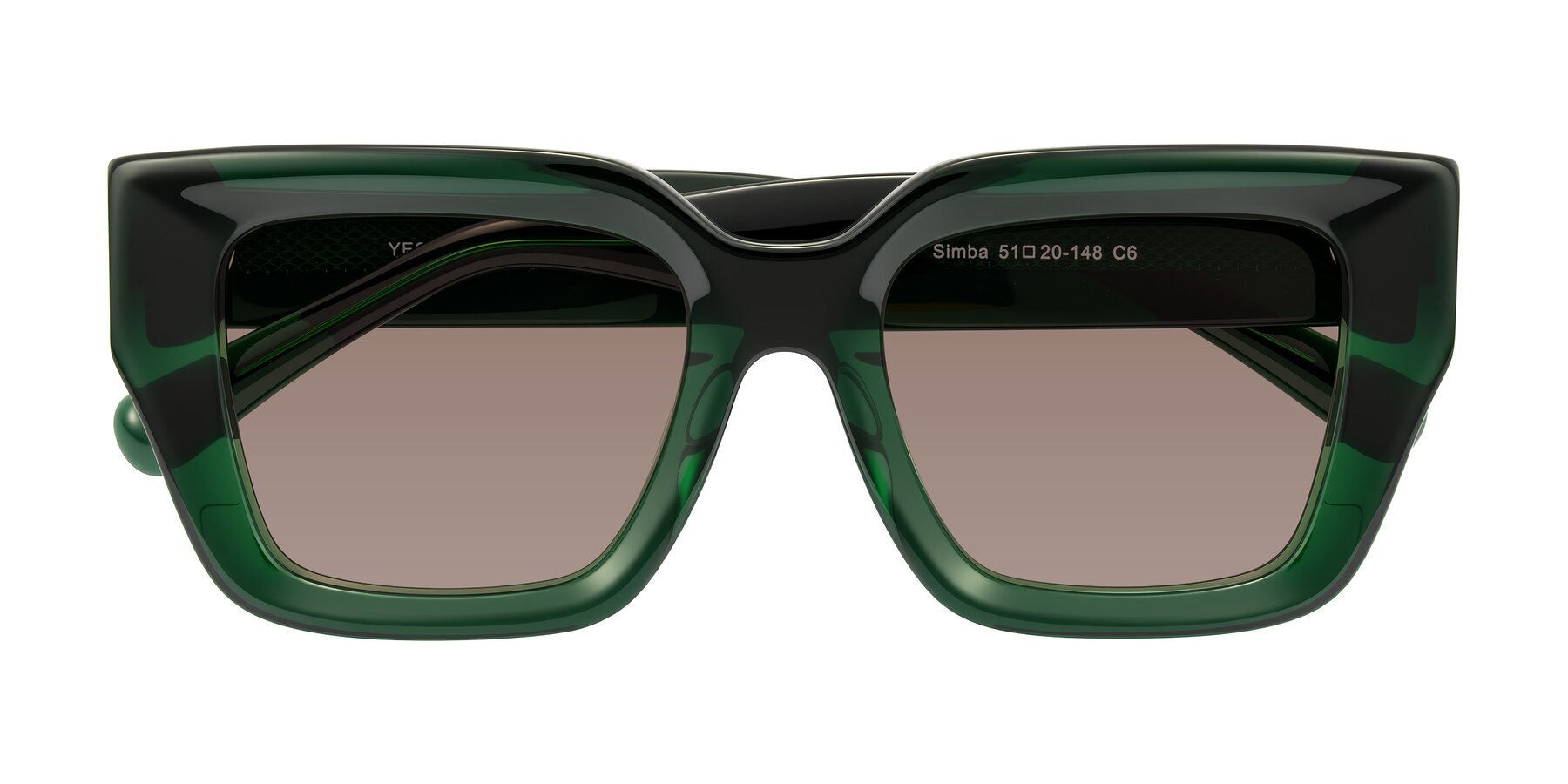Folded Front of Simba in Dark Green with Medium Brown Tinted Lenses