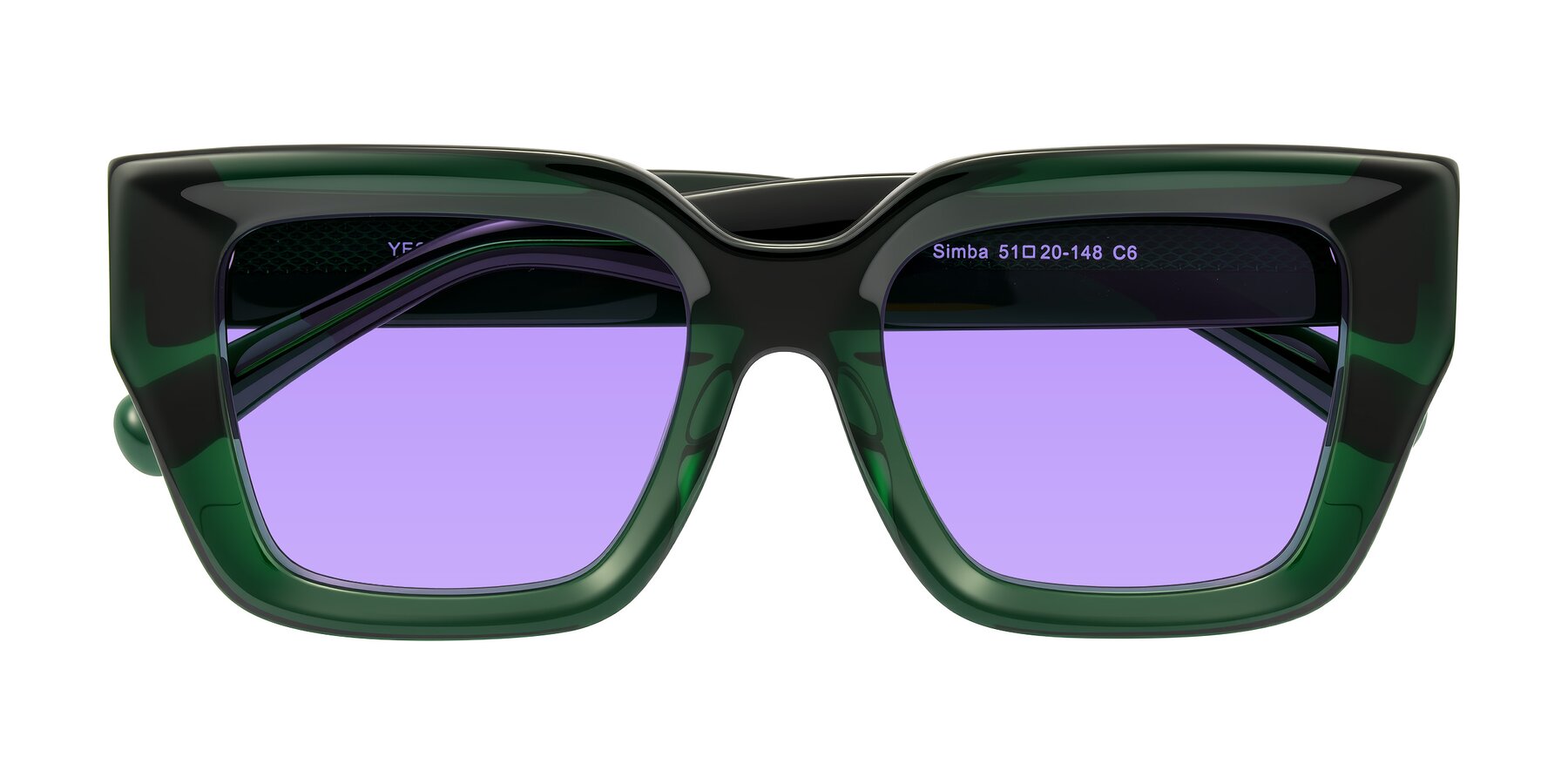 Folded Front of Simba in Dark Green with Medium Purple Tinted Lenses