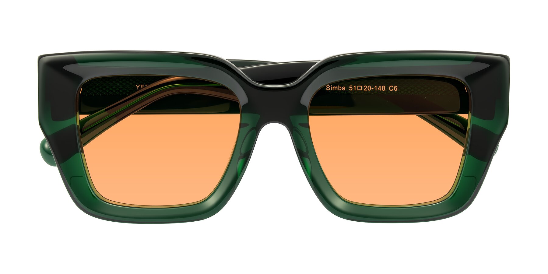 Folded Front of Simba in Dark Green with Medium Orange Tinted Lenses