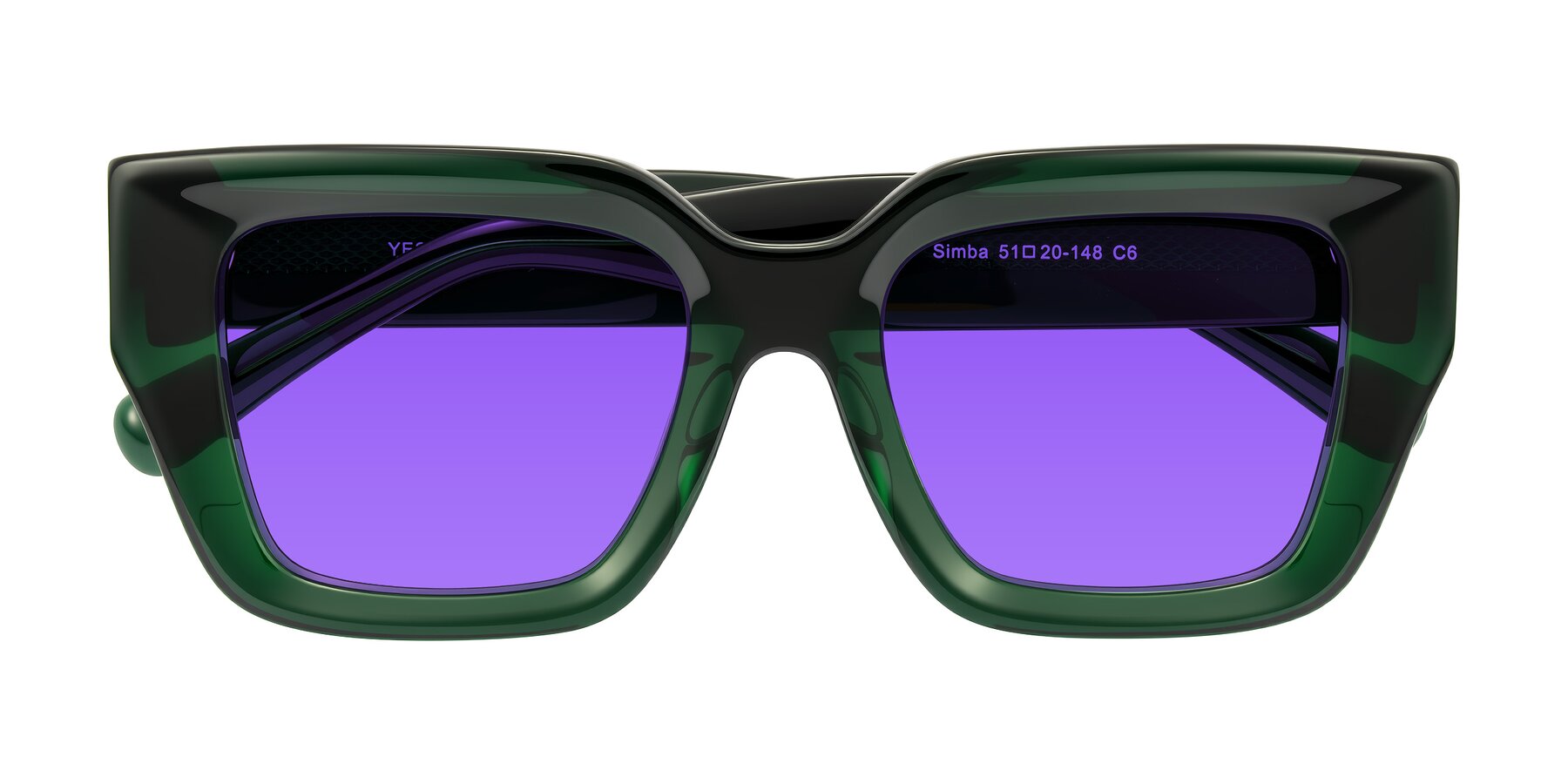 Folded Front of Simba in Dark Green with Purple Tinted Lenses